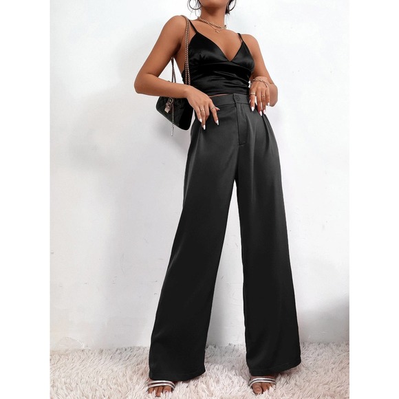 High Waist Plicated Detail Satin Tailored wide leg dress Pants black - Picture 2 of 6